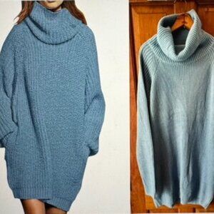 Light Blue Women's Large Turtleneck Oversize Long Pullover Sweater Pockets